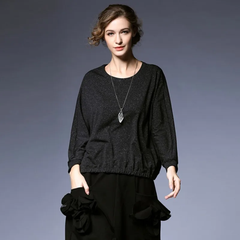 

LANMREM 2019 Spring Summer Woman Simple Style Stylish High Quality Black Color Long Sleeve O-neck Loose T-shirt All Match LI374