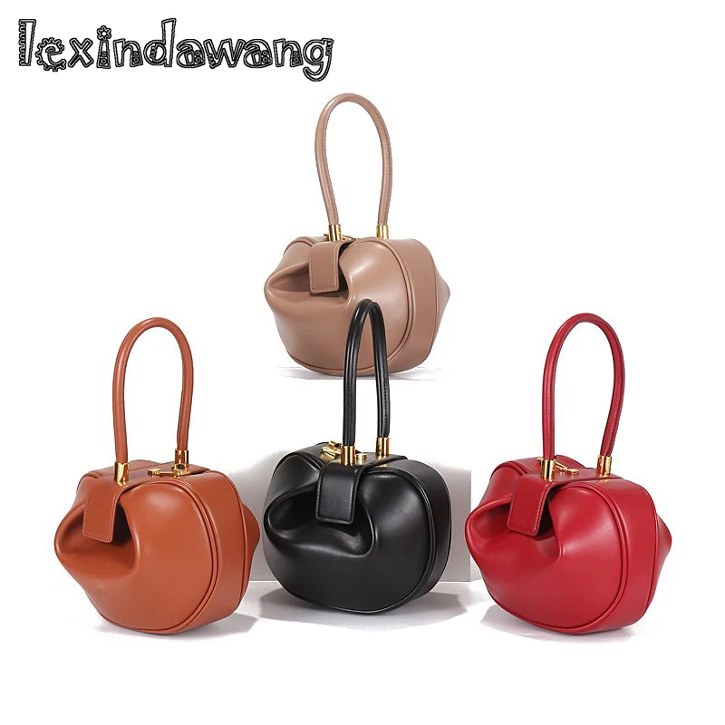

Genuine Leather 2019 Luxury Design Women Handbags Top-Handle Hobos European Style Vintage Women Chic Totes Fashion Round Bags