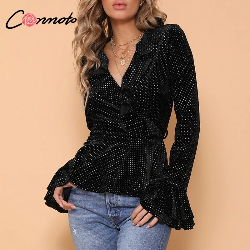 

Conmoto Sequins Polka Dot Short Dress Winter Ruffles Long Sleeve Wrap Dress Women Sexy Black Flouce Party Dresses Vestidos