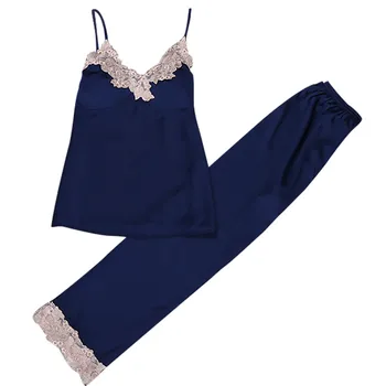 

Women Satin Lace Pajamas Sleepwear WOMENS Sling Long Pants Nightwear Set ropa interior femenina#M2Y5