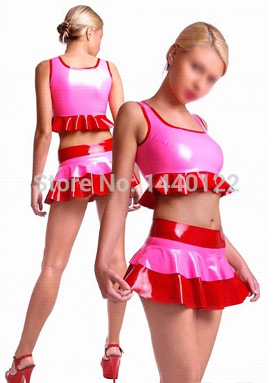 Zomer vrouwen Roze sexy latex zomer mini rokken en tops fetish rubber kostuums vestidos club wear plus size hot koop Zomer vrouwen Roze sexy latex zomer mini rokken en tops fetish rubber kostuums vestidos club wear plus size hot koop
