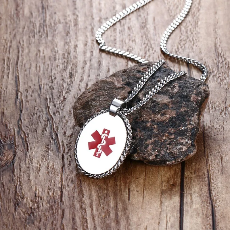 

Men Necklaces Medical Alert ID Tag Oval Pendant Necklace in Silver Color Stainless Steel Jewelry collier with 24in Chain