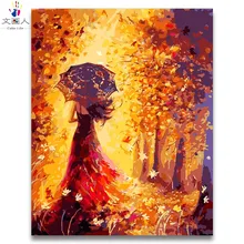 Красивая девушка в платье прогулки под зонтиком сопровождается золотыми желтые листья картина фигура живописи по номерам с комплекты