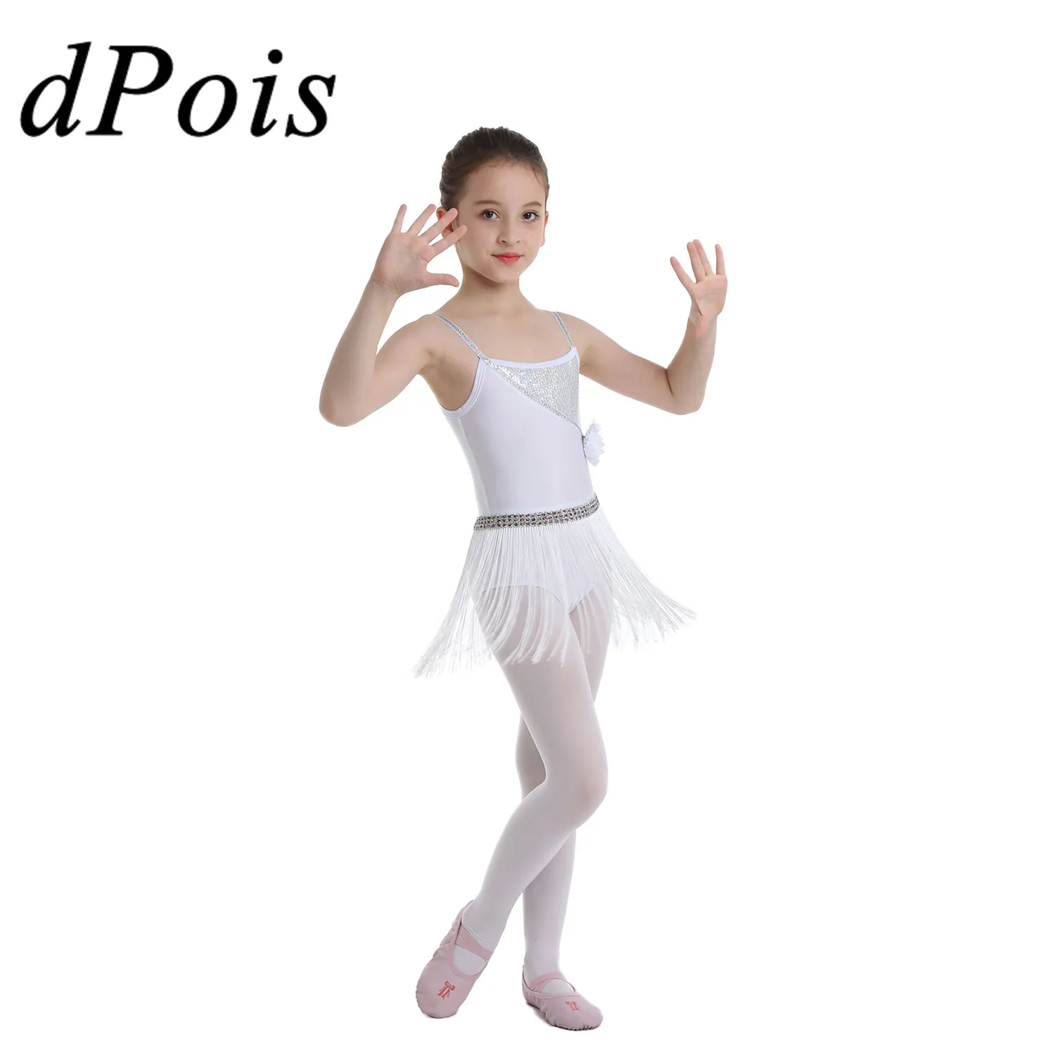 White Professional Kids Latin Dance Dress Girls Glitter Shiny Dress