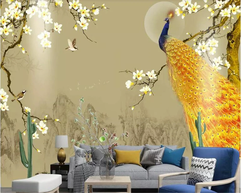 beibehang Custom large home decoration new Chinese style hand-painted magnolia bird ink landscape TV background wall wallpaper