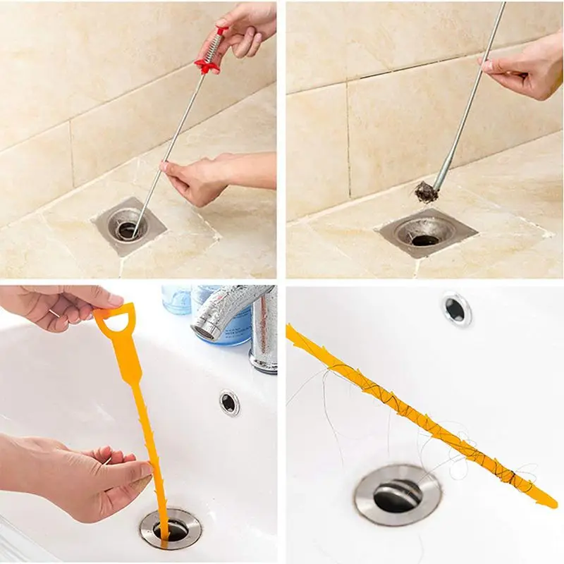 6 Pcs Hair Drain Clog Remover Sink Cleaning Tool(3 Stainless Steel+ 3 Plastic