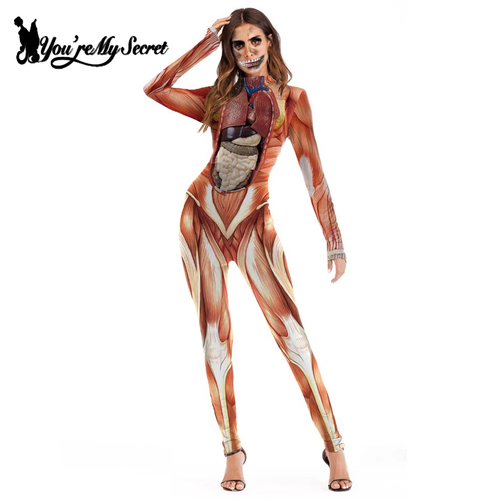 

[You're My Secret] 2018 Hot Halloween Attack on Titan Scary Costume for Women Jumpsuits Party Muscle Print Catsuit Sexy Bodysuit