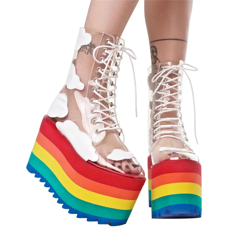 Новейшая модель; Разноцветные носки на толстой платформе; Прозрачные ботинки из ПВХ на шнуровке; ботильоны, визуально увеличивающие рост