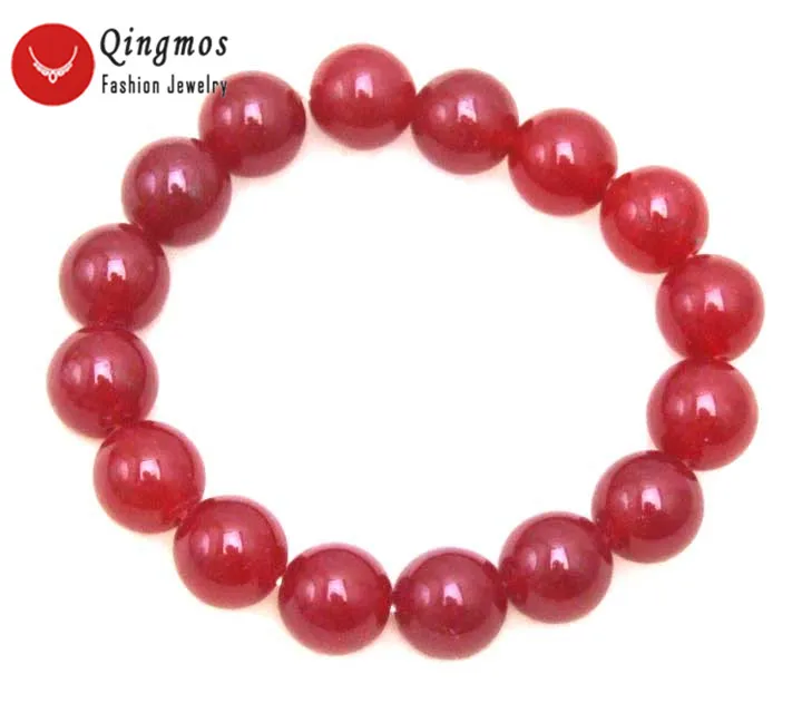 

Qingmos Popular 12mm Red Jades Bracelet for Women with Round Natural Jades Gem Stone Bracelets Fine Jewelry 7.5" bra164