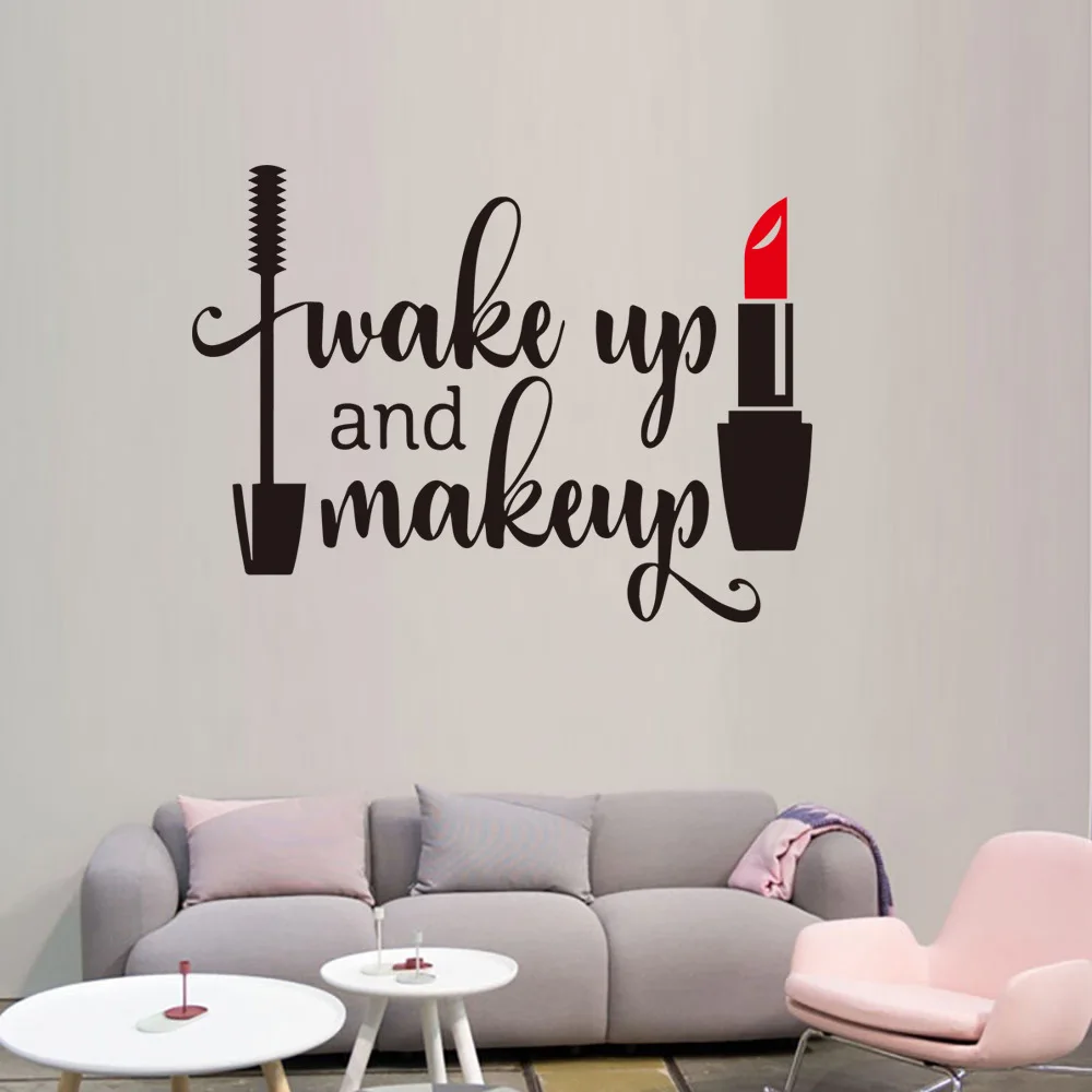 

I WAKE UP AND MAKE UP Wall Sticker For Beauty Salon Cosmetics Lipstick Store Wallpaper Decor Women MakeUp Mural Decals Poster