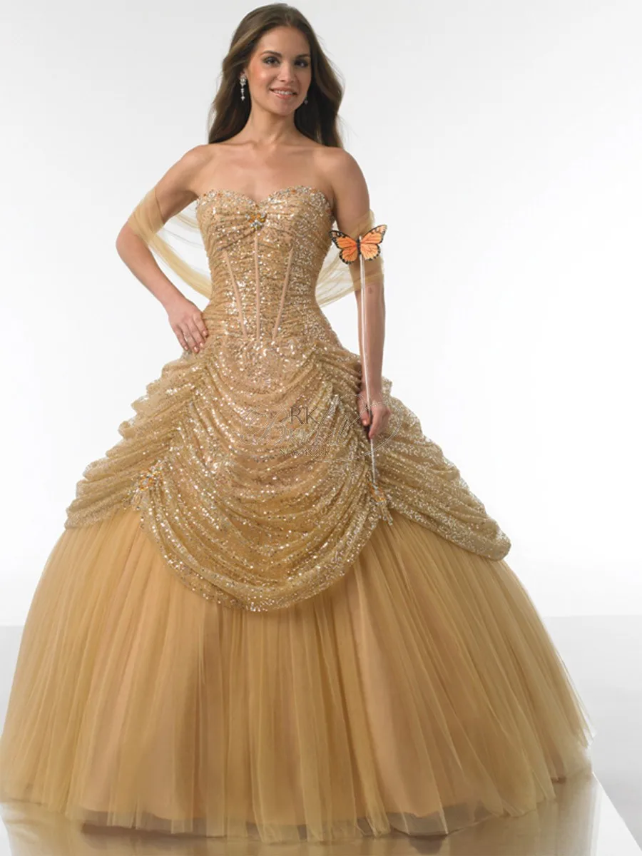 

Gold Quinceanera Dresses Online Dresses Ball Gowns Tulle Sweetheart Ruffle Scoop Neck Floor Length Vestido Quinceanera Dress
