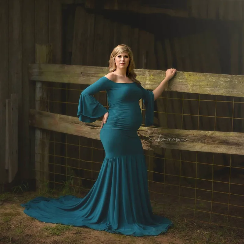 

Maternity Dress Photography Prop V-neck Long Sleeve Wedding Party Gown Pregnant Women Elegant Wear Plus Size