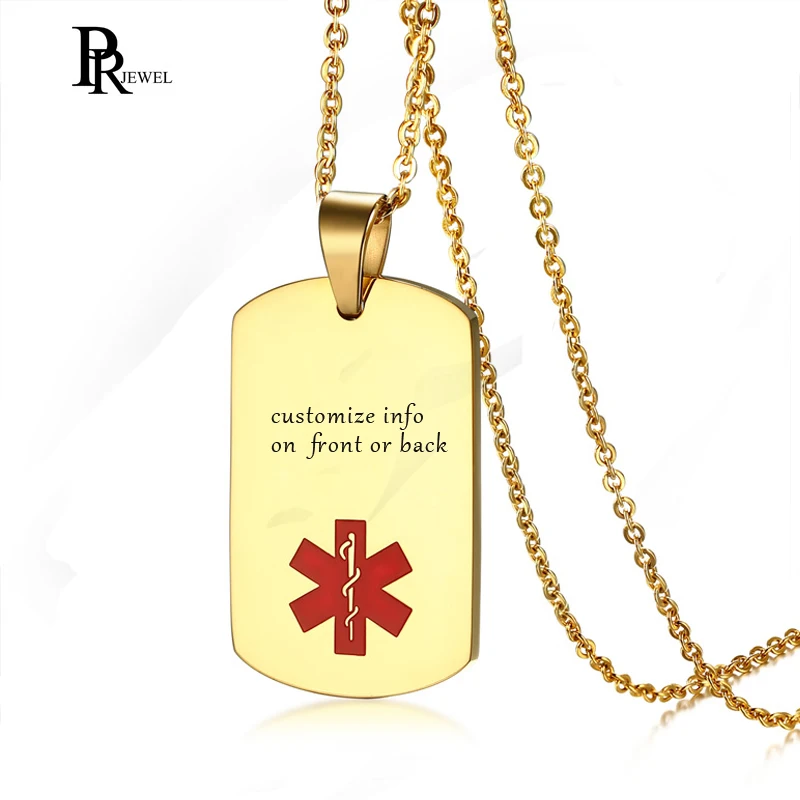 

Free Custom Engraved Gold Medical Alert ID Tag Necklace Pendant Stainless Steel Chain Free Engraving