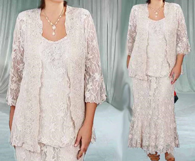 

2018 Elegant Ankle Length Lace Mother Of The Bride Dresses Sheath Mother's Formal Gowns Plus Size Mom Groom Dress Suit Plus Size