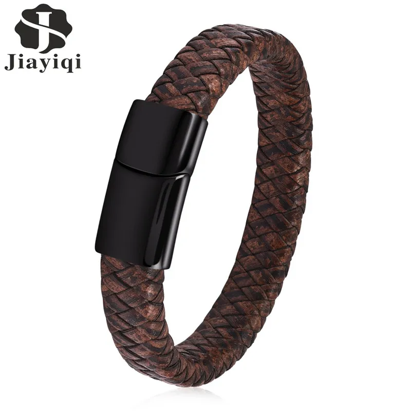 Jiayiqi Men Braided Leather Bracelet Stainless Steel Magnetic Clasp Fashion Black /Brown Bangles 18.5/20.5/22cm Jiayiqi Men Braided Leather Bracelet Stainless Steel Magnetic Clasp Fashion Black /Brown Bangles 18.5/20.5/22cm