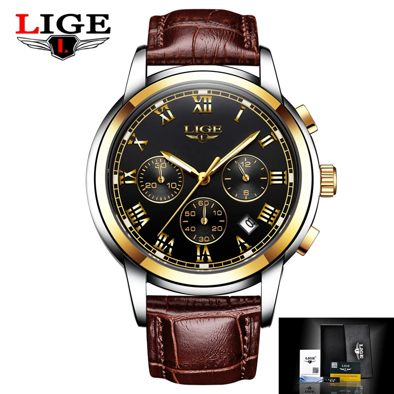 2017 LIGE Men sports Watches Male Fashion Business quartz-watch Men Leather Waterproof Clock Man Auto Date Multifunction Watches