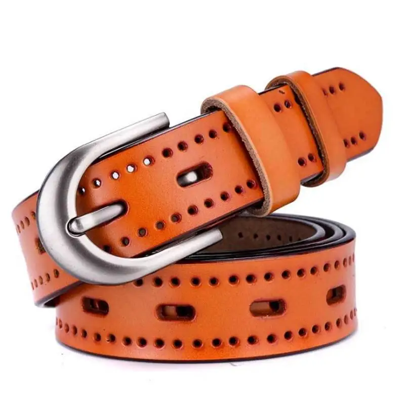Brown SupSindy hot women's genuine leather belt hollow Punk luxury brand designer belts for women jeans high quality female belt Black - Цвет: Brown