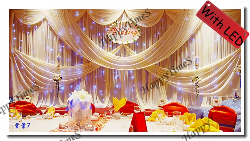 

3m high 6m wide Wedding Curtain Backdrop Drapes With Detachable Tied Swag&Blue Color LED Light