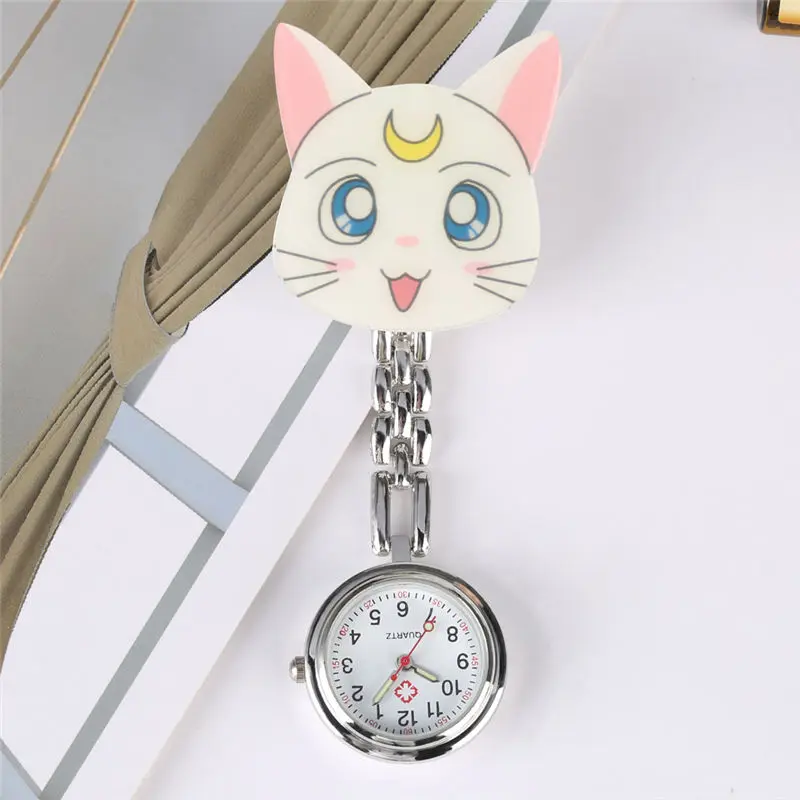 3D Cartoon Kitten Cat Nurse Watches Luminous Hands fob pocket hang clip watches Ladies Women Girls 1