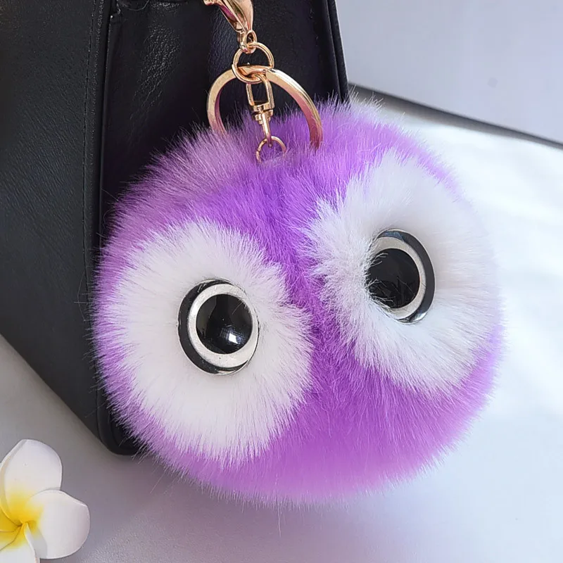 

2017 New Design Fluffy Pompom Animal Owl Key Chain Faux Rabbit Fur Ball Keychain For woman Cell Phone Car Bag Keycover