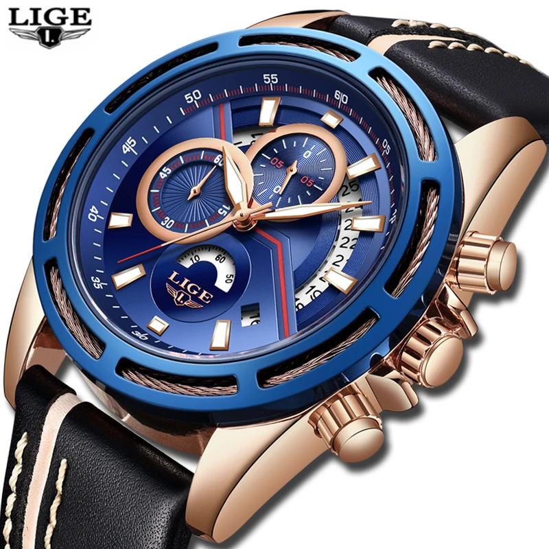 

2018 Mens Watches LIGE Top Brand Luxury Men's Military Sports Watch Men Leather Waterproof Quartz Watch Relogio Masculino+Box