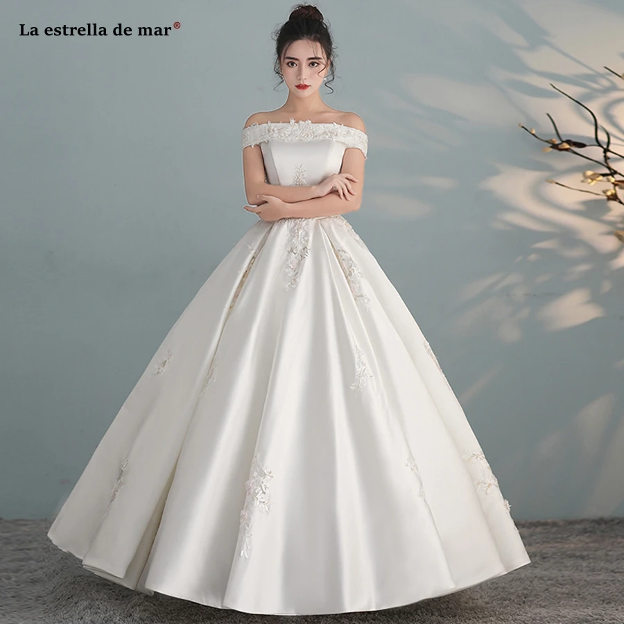 Bridal dresses 2019 satin beaded Boat Neck short sleeve