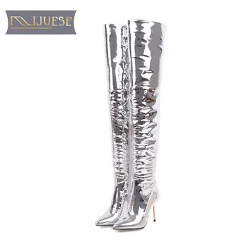 

MLJUESE 2018 women over the knee high boots zippers silver color pointed toe thin heels fashion nightclub high boots size 33-43