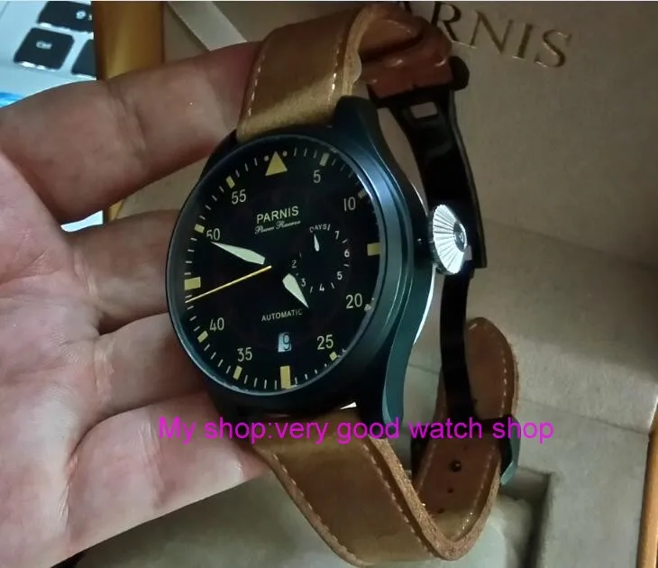 

47mm PARNIS Automatic Self-Wind Mechanical movement men's watch Black dial PVD case power reserve Mechanical watches zd319a