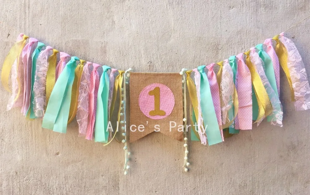 

New Mint Gold Pink Girl Party Highchair Bunting Perfect Baby Room Garlands Pompom Banner Princess 1st Birthday Baby shower Decor