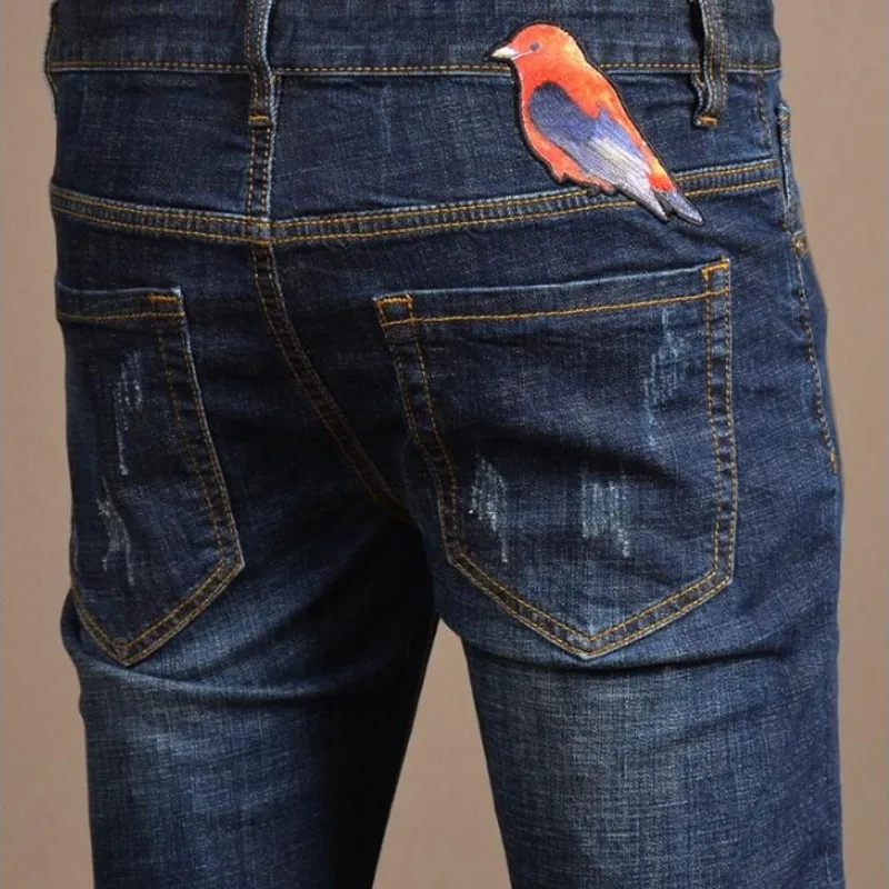 Fashion Mens Hole Ripped Jeans Animal Printing Casual Pants Stretch Slim Denim Pants Men Spring Fall Patchwork Trousers Male