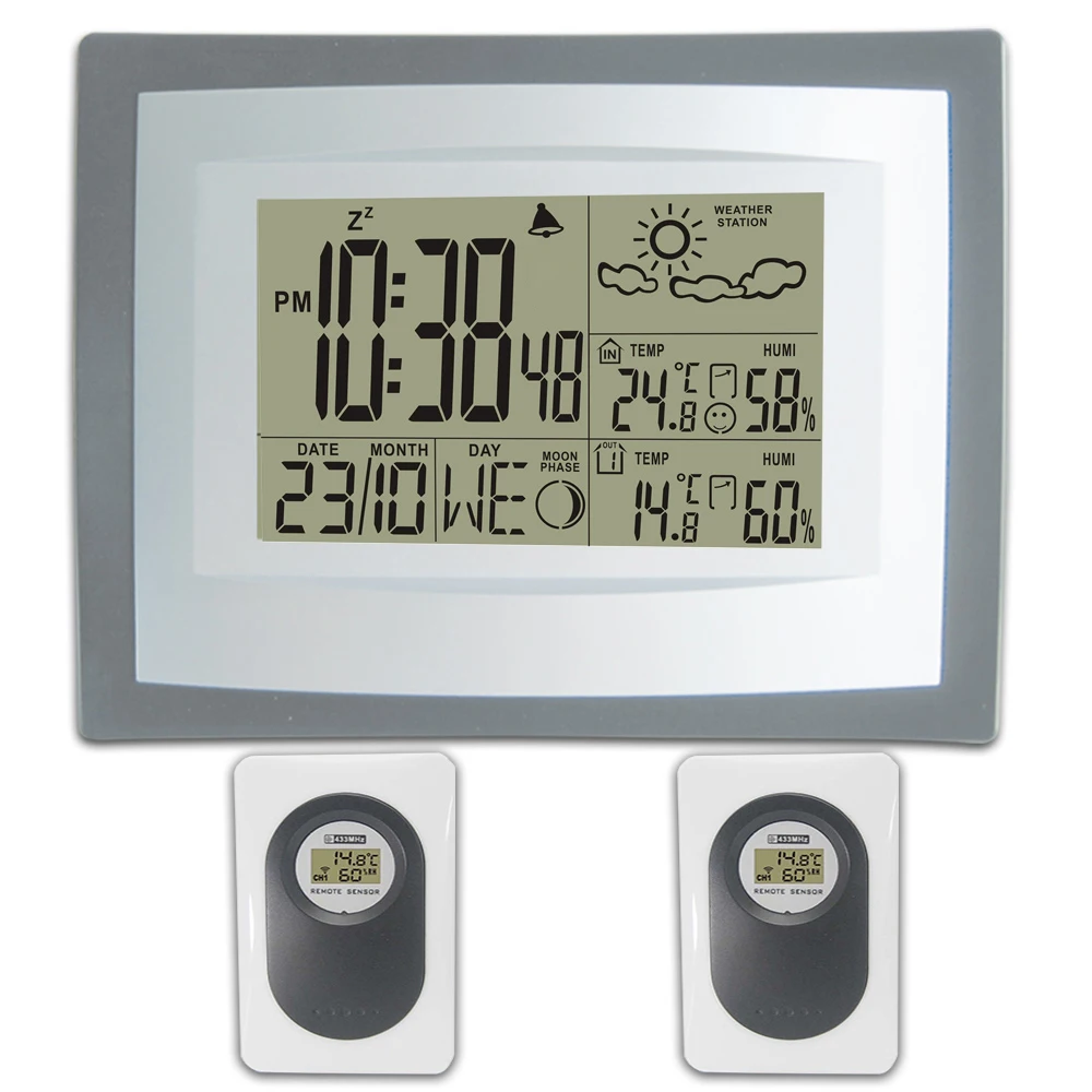 

DYKIE Large LCD Wireless Weather Station Digital Weather Forecast Clock with Indoor Outdoor Temperature Humidity 2 Transmitters