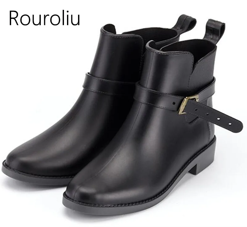 Rouroliu Women Autumn Ankle Rain Boots PVC Waterproof Water Shoes Woman Non-Slip Buckle Wellies RB71 Rouroliu Women Autumn Ankle Rain Boots PVC Waterproof Water Shoes Woman Non-Slip Buckle Wellies RB71