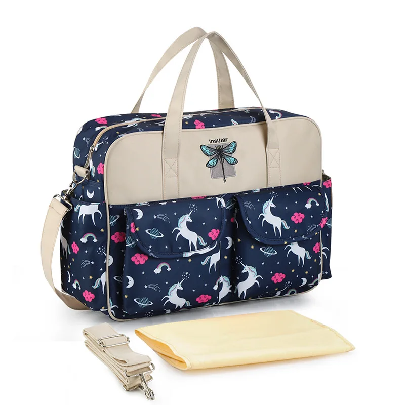Стильная большая сумка-тоут для подгузников, милая сумка для подгузников для мам и мам, сумка для ребенка на плечо, сумка-мессенджер для коляски - Цвет: Navy Unicorn