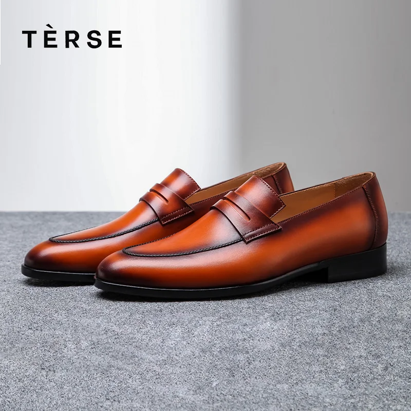 TERSE Genuine Leather shoes Men`s luxury handmade dress shoes flat office shoes Italian calfskin genuine formal shoes 1515-15