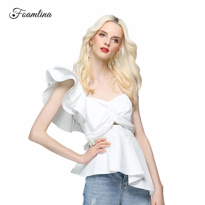

Foamlina 2017 Ruffles Shirt Women Summer Blouse Sexy Strapless Irregular Back Bow Shirt Blouse Elegant Ladies Top Female Clothes