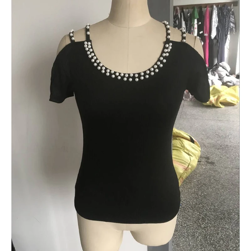 Kaufen Perlen Aushöhlen Hülse T shirt Frauen Sommer Schwarz T shirt Oansatz Büro Tragen Elegante T Shirt Femme Plus Größe 2XL SJ2953R