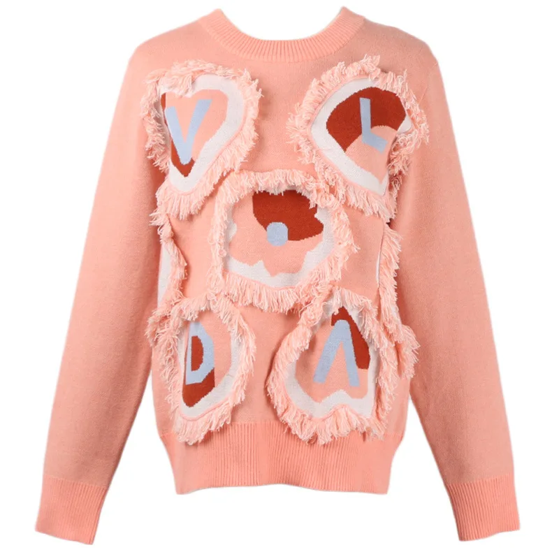 GRUIICEEN вязаный свитер с кисточками Женский пуловер с надписью «любящее сердце» джемпер GY2018559 - Цвет: Розовый