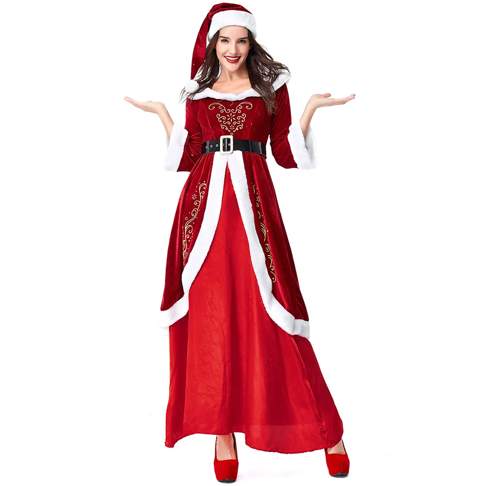 Новогодний мужской костюм Рождественская вечеринка Санта-Клаус роскошный бархатный красный жакет платья Белый борода парик для взрослых женщин Мужская одежда