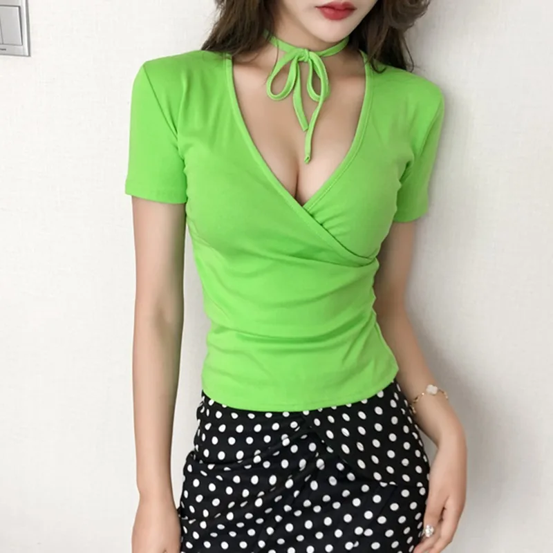 

Women Summer T-Shirt Sexy Deep V-Neck Cotton Lace Up Tee Shirt Femme Ladies Tops Casual Loose Solid Short Sleeve TShirts