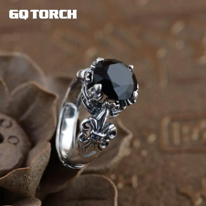 925 пробы металлический браслет черный оникс Камень Кольца для мужчин и женщин резьба Винтаж якорь инкрустированные натуральный драгоценный камень