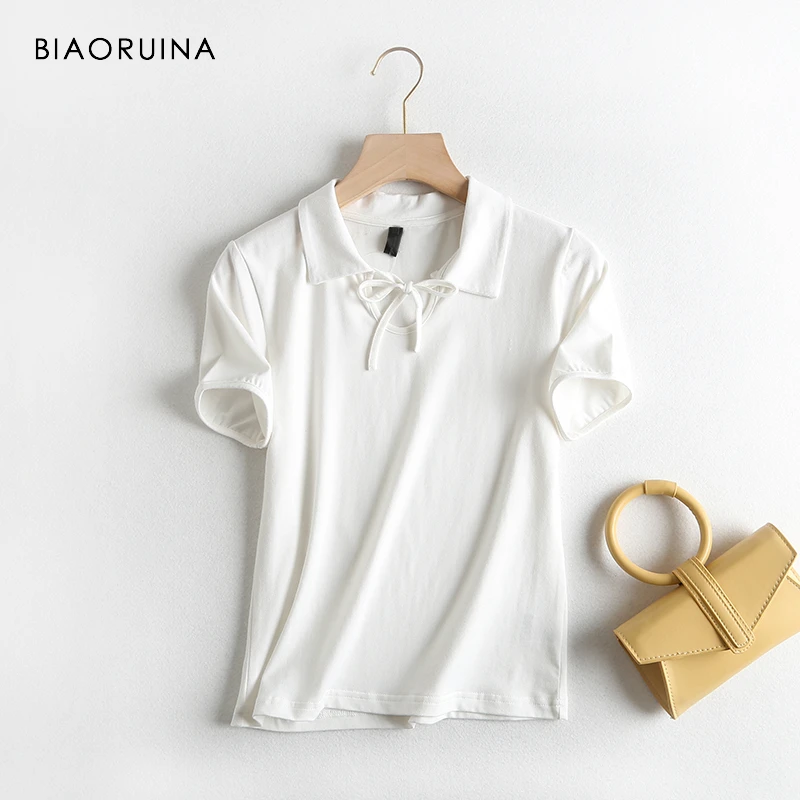 

3 Colors BIAORUINA Women Casual Cotton T-shirt Short Sleeve Turn-down Collar Female Summer Korean Style Slim Tees Elegant Tops