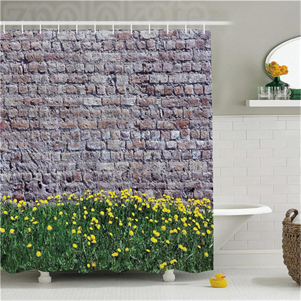 

Rustic Home Decor Shower Curtain Dandelion Flowers with Old Grunge Style Brick Wall Meadow Natural Pattern Bathroom Decor Set