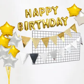 

23pcs/set Gold Silver Happy Birthday Party Background Decorations Star Balloons Bronzing Gold Silver Striped Pennant Banner