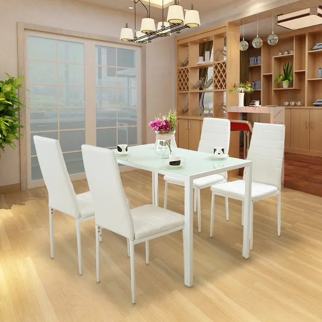 Best Quality Tempered Glass Table With 4pcs/lot Faux Leather Dining Chair High Back Dining Set dropshipping Best Quality Tempered Glass Table With 4pcs/lot Faux Leather Dining Chair High Back Dining Set dropshipping