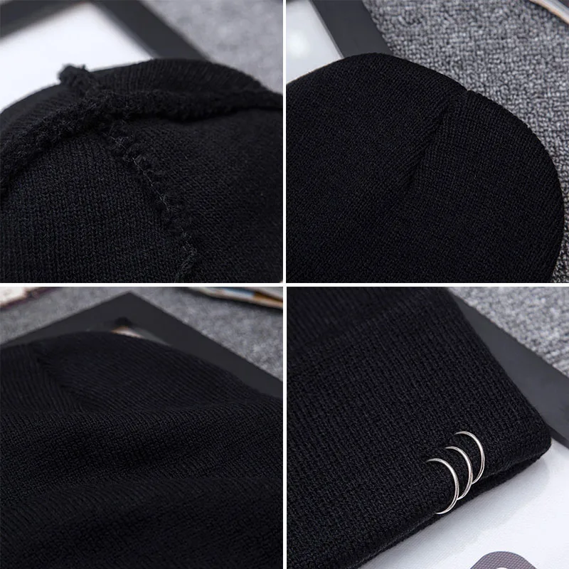 Новая однотонная зимняя женская шапка с металлическим декором в стиле хип-хоп, шапки бини, черно-белые теплые вязаные повседневные Шапки для пары, чепчик унисекс