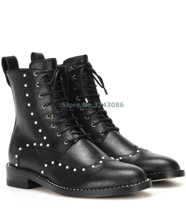 

New Spring&Fall Studded Leather Zipper Ankle Boots Women Round Toe Kitten Heels Shoes Pearl Embellished Short Boots Shoes