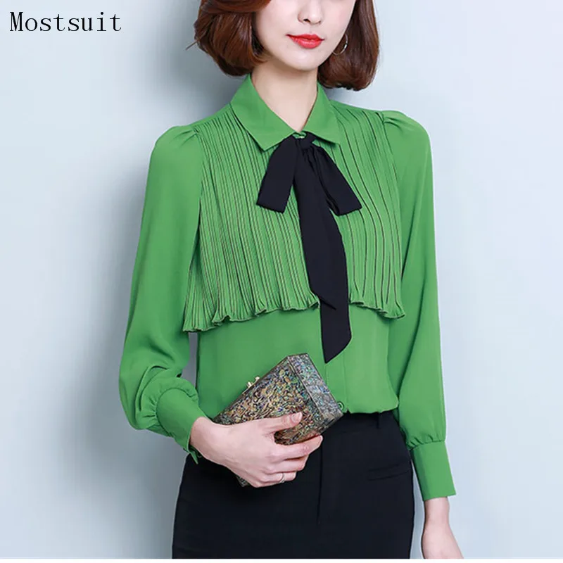 

2018 Chiffon Blouse Women Bow Tie Long Sleeve Official Blouses Shirt Tops Korean Office Work Wear Blusas White Green Khaki