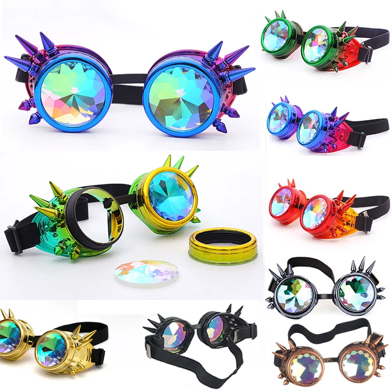 

Men Women Rivet Steampunk Goggles Kaleidoscope Rainbow Crystal Lenses Cosplay Vintage Glasses Welding Gothic Cool Eyewear