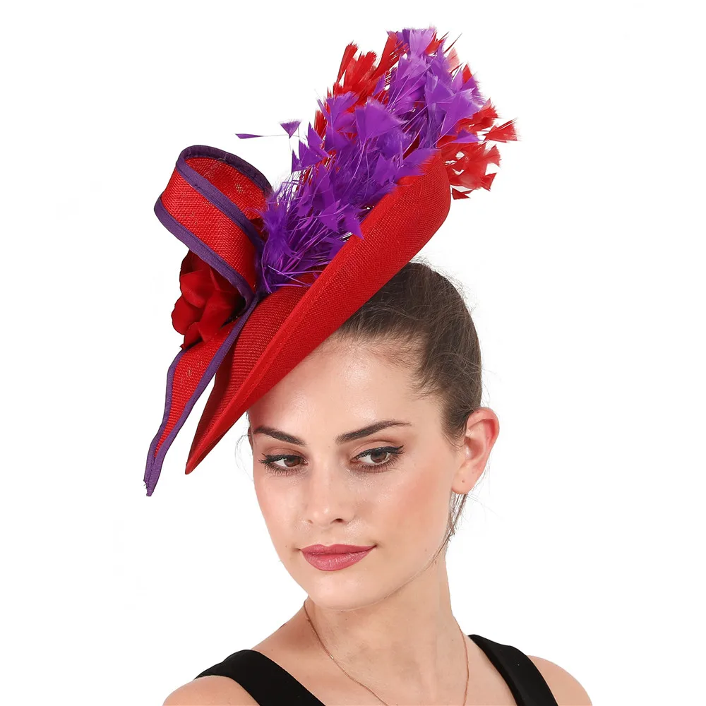 Elegant purple and red Feather Fascinator Wedding Bridal hairClip Hat for Party Cocktail Headpiece Lady Floral Pattern HeadWear