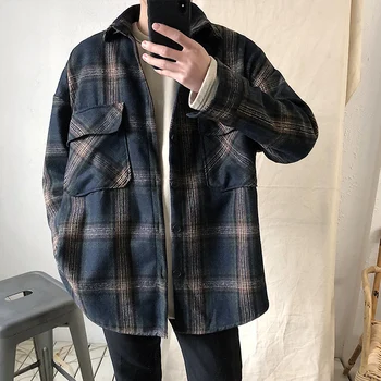 

2018 autumn new personality trend retro plaid cotton large size loose casual shirt jacket men's gray / black S-XL